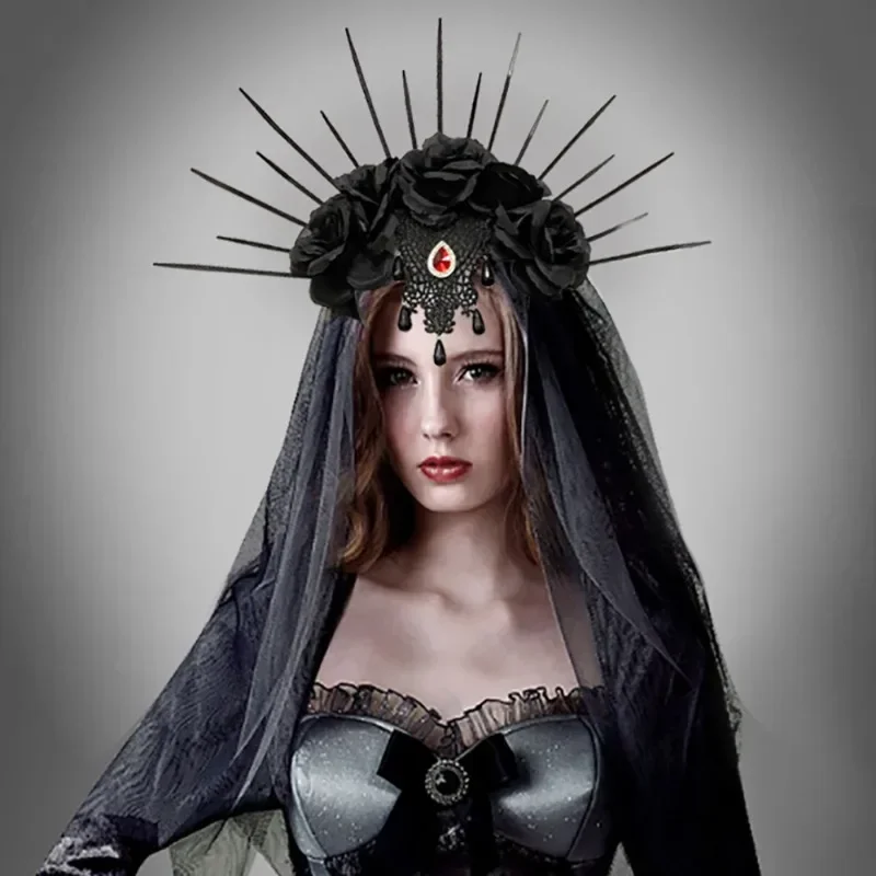 Gothic Black Halo Skeleton ดอกไม้ Sunburst Spike Headpiece สําหรับผู้หญิงฮาโลวีน Queen อุปกรณ์เสริมผมปาร์ตี้คอสเพลย์