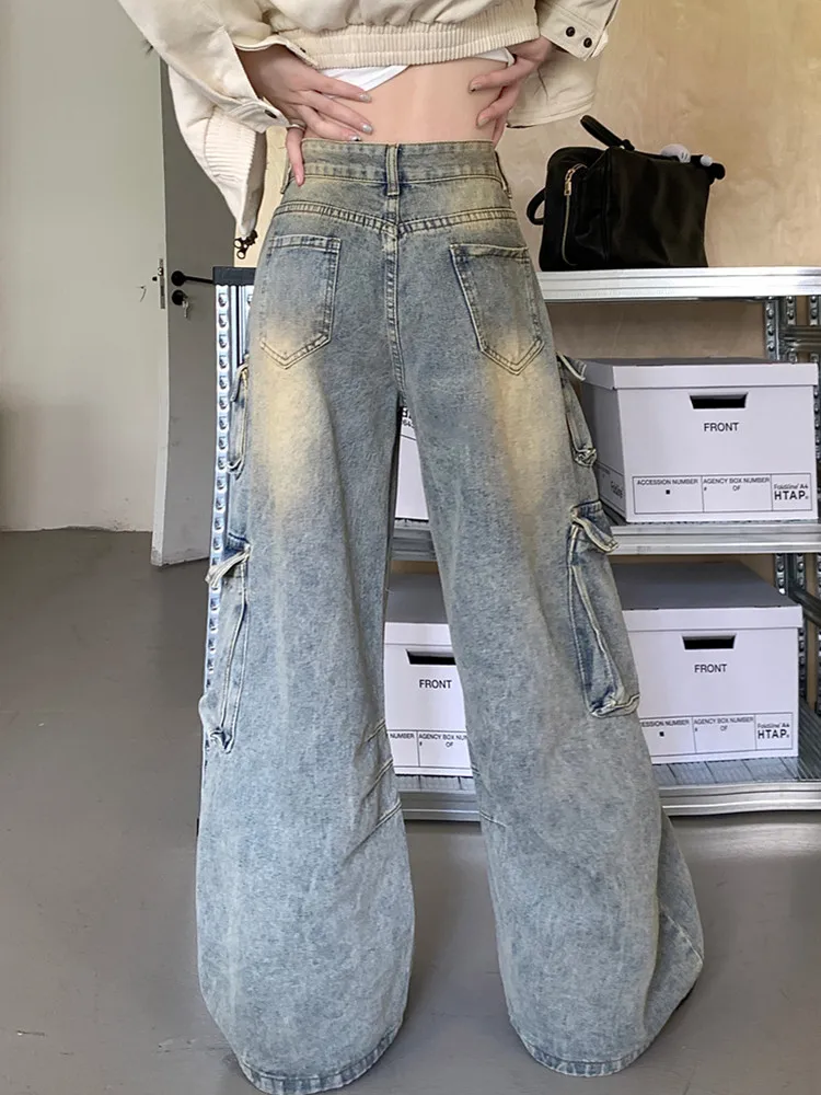 2023 Ropa y2k Grunge Clothes Washed Old Blue Baggy Cargo Jeans Pants For Women Original Wide Leg Straight Female Denim Trousers