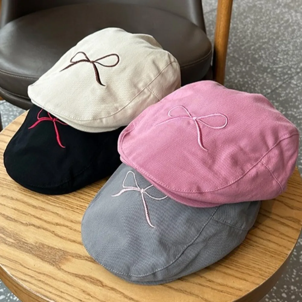 Simple Y2K Berets Cap Bowknot Pattern Cotton Newsboy Cap Rough Edge Big Head Circumference Women Artist Hat Spring