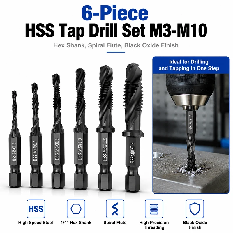 6Pcs HSS Composite Tap Drill Bit Set M3-M10 1/4