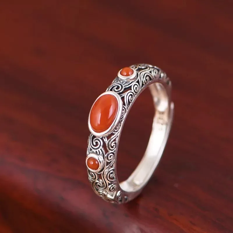S925 Sterling Silver Vintage Pattern Embellished With Red Agate And Turquoise Ethnic Style Open Ring