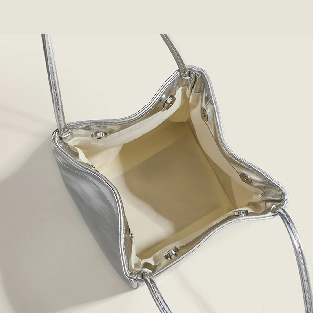 Funkelnde silberne Mini-Mode-Beuteltasche mit Kordelzug, funkelnde Pu-Handtasche, modische Damenhandtasche und Geldbörse mit Knödeltasche