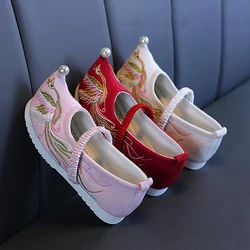 Zapatos de baile chinos Hanfu para bebés y niñas, zapatos planos de perlas con bordado de pájaros Retro Vintage, zapatos de tela de algodón para niños