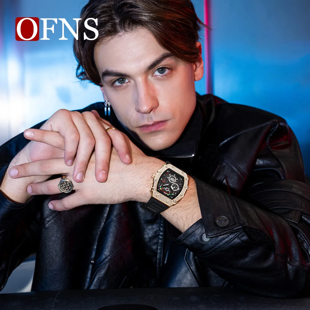 Бренд OFNS 7105, креативные полые мужские персонализированные часы, модные мужские кварцевые часы с ночным светом и календарем для отдыха