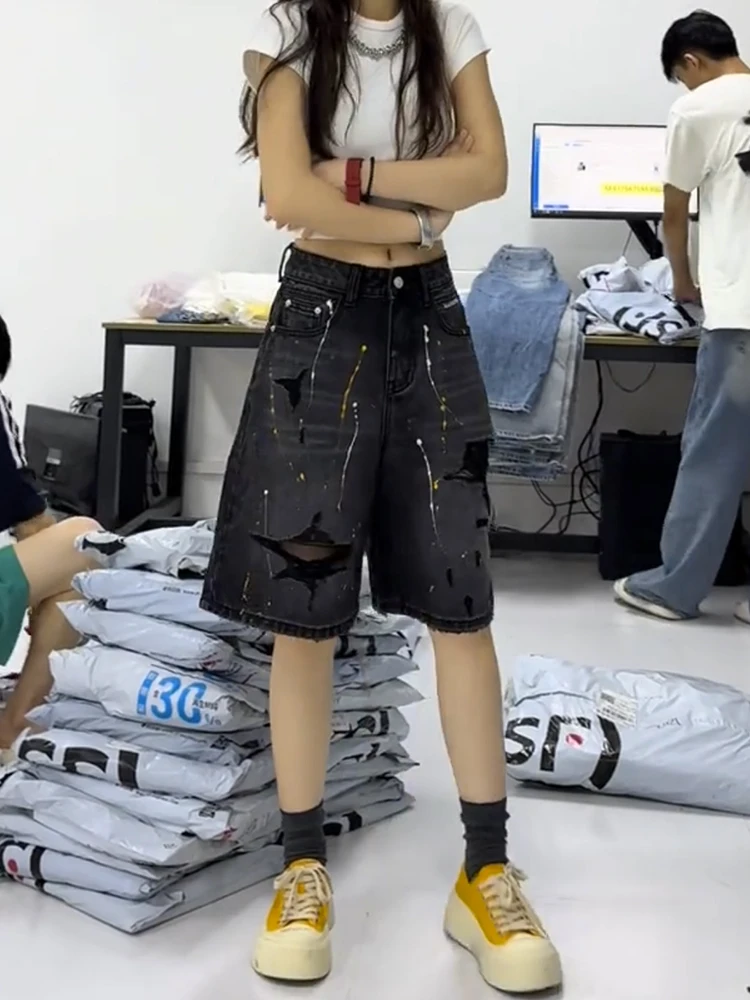 

Large size ripped denim shorts for women summer 2025 new high waist cropped pants black wide leg length pants