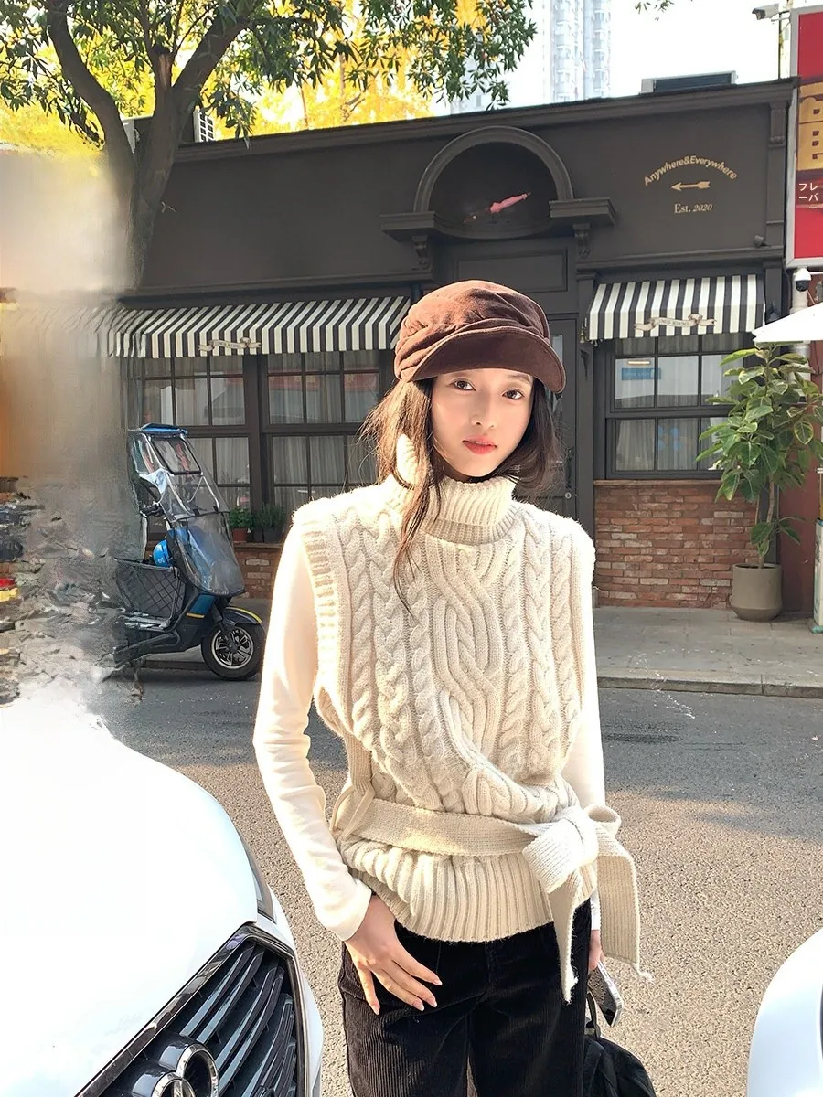 

Retro Twist High Collar Knitted Vest Women's Waist Cinching Belted Aosphere Layered Sweater Vest Ci Walk Par Travel Casual