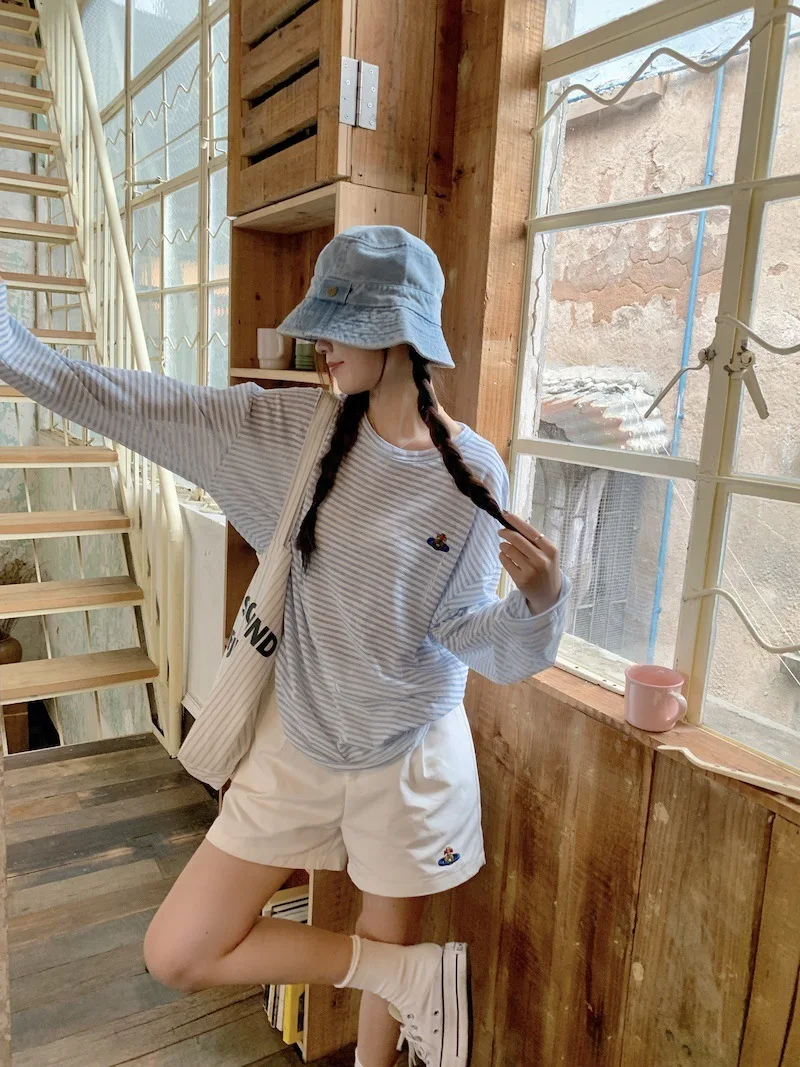 Casual Female Clashing Colours Striped Long Sleeve T-shirt Sun Protection Blouse 2024 Summer Niche Embroidery Loose Thin Top Y2k