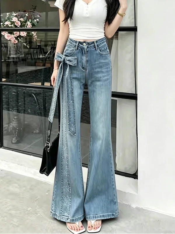 

American Design Knot Rhinestone Denim High Waist Slim Straight Leg Jeans Women Summer New Style Versatile Wide Leg ...