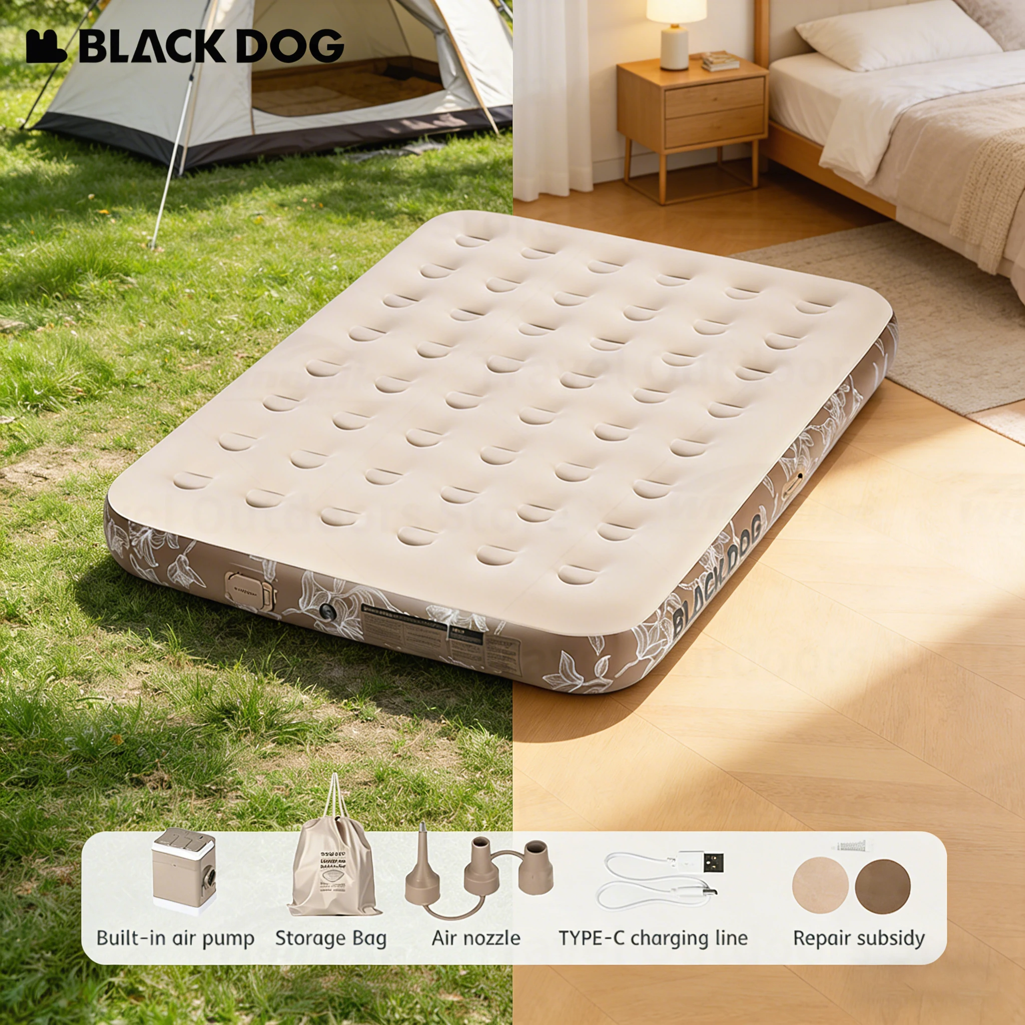BLACKDOG Outdoor Bed Air Cushion Nap Bed Height Thickend Air Mattress Inflatable Bed Air Mattress For 1 2 3 Person Built In Pump