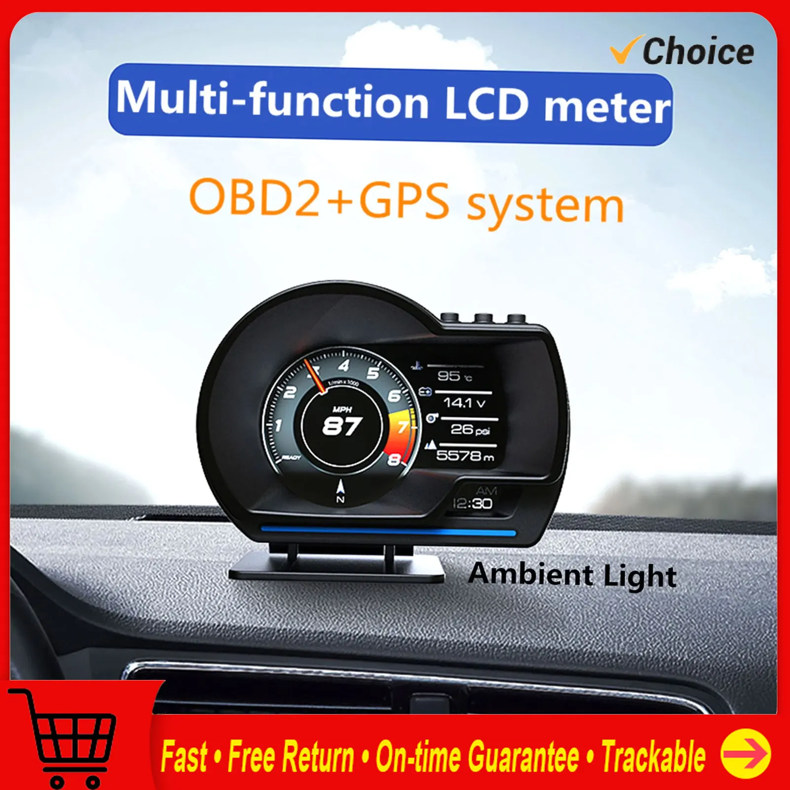 Car Head up Display, OBDⅡ+GPS Smart Gauge High Definition Speedometer Car Diagnostic Tool OBD Fault Code Elimination