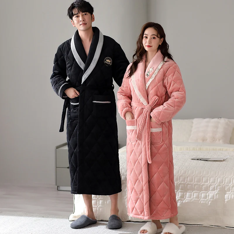 

Couple Winter Plush Quilted Lengthened Shawl Bathrobe Home Clothes Long Sleeved Robe Coat thick pijamas hombre robes 3XL