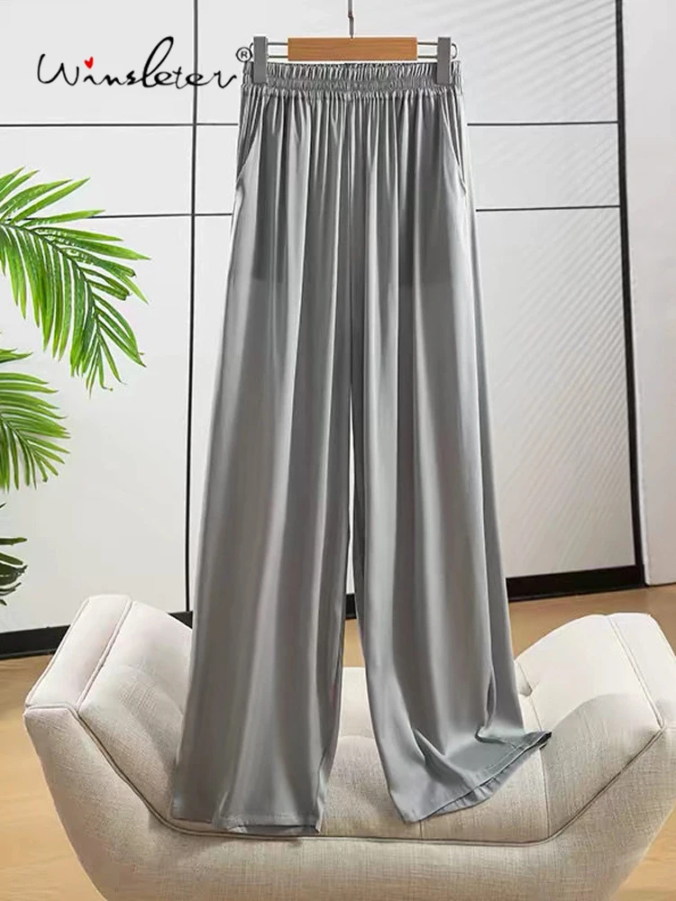 Winsleter-92%Silk 8%Spandex Elegant Trousers, Elastic Waist Solid, Women Versatile Retro Wide-leg Pants, 2026 Summer B67167CC