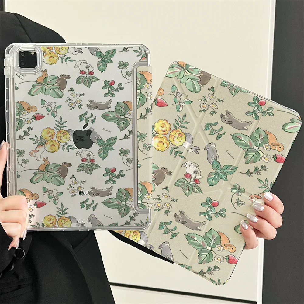 

Flowers Rabbit Tabet Cover For iPad Pro 11 Air 4 5 10.9 11th 10th 7 8 9 Gen 10.2 10.5 9.7 Air11 2025 Y Fold Pencil Holder Case