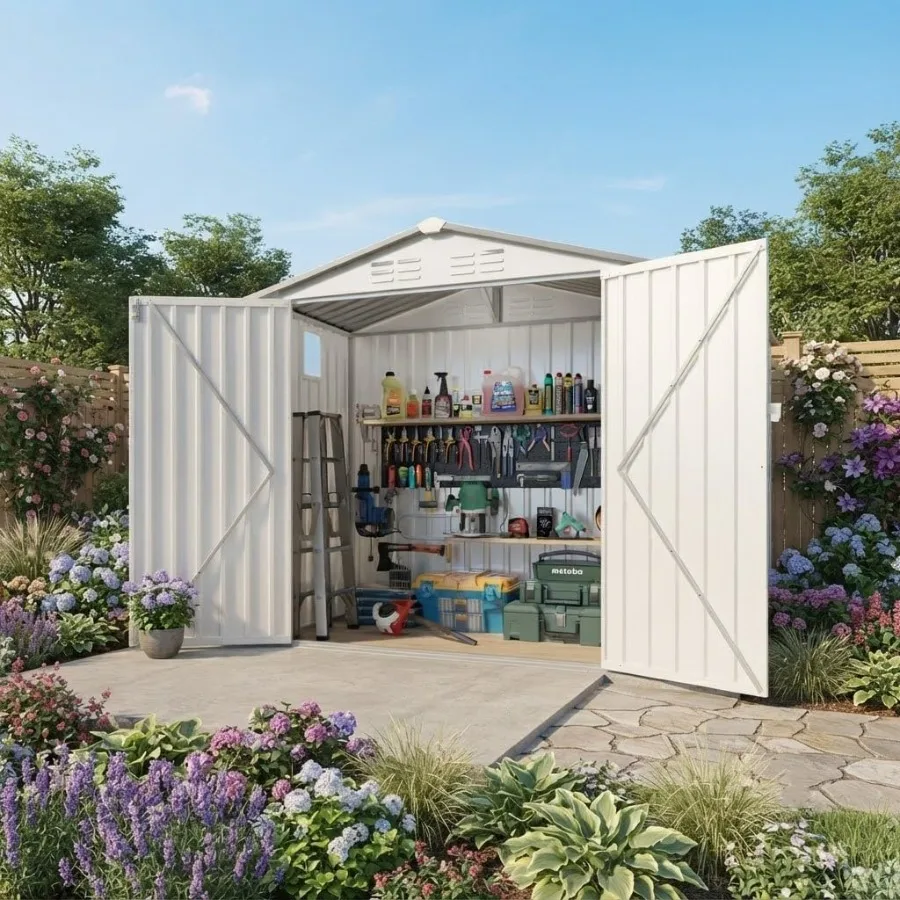Outdoor metal storage shed for backyard use, galvanized steel material, gray color, waterproof and lockable with peaked roof, c