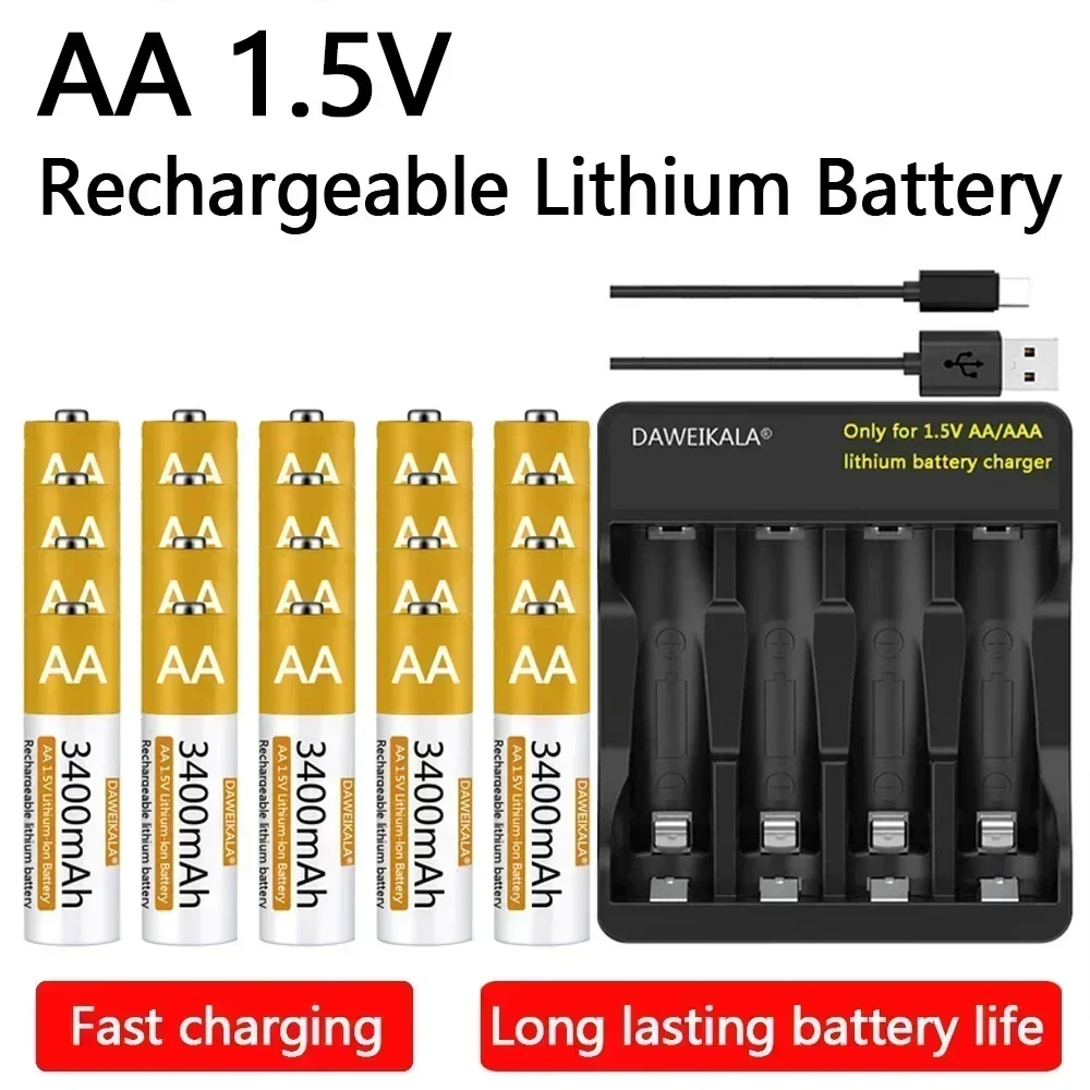 New Lithium-ion 1.5V AA Battery 3400mAh Rechargeable Battery AA for remote control mouse fan Alarm clock with USB charger