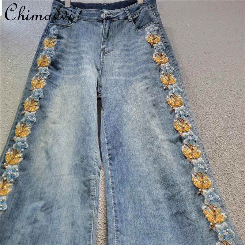 

Fashion Side Embroider Flower Design Heavy Casual Jeans Women's Spring New High Waist Loose Slim-fit Straight-leg Denim Pants