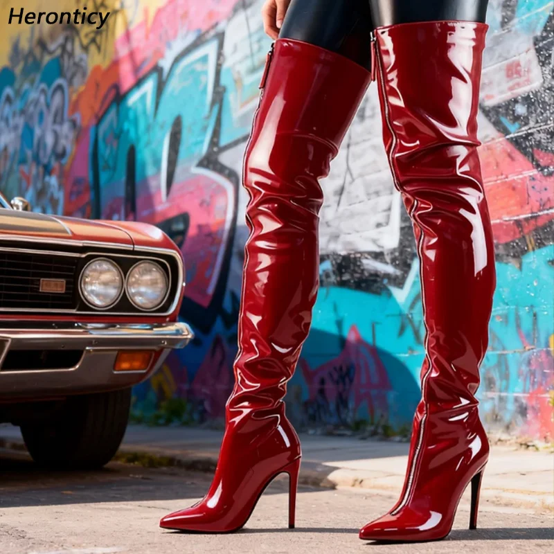 Heronticy Handmade Women's Handmade Red Platform Boots - Custom Leather Thigh High Boots with Chunky Heels Size 5-15