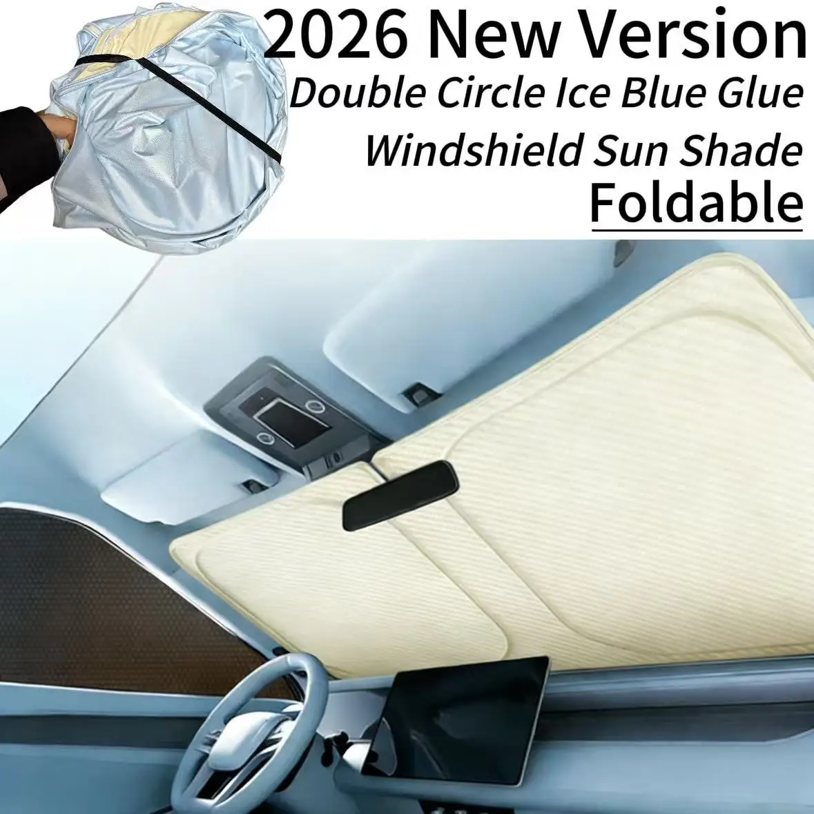 

2026 New Upgrade Double-Sided Ice Blue Glue Mint Car Windshield Sunshade, Foldable Portable with Storage Bag, Easy Install