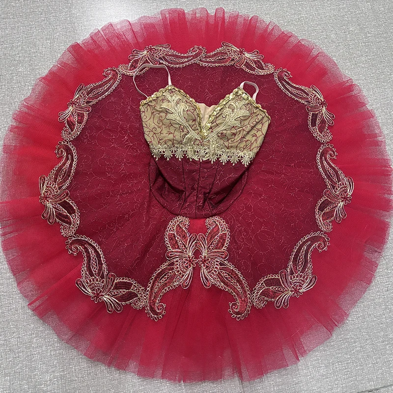 Tutú de ballet rojo dorado Nikiya, traje profesional de escenario con gancho para La Bayadère, estilo clásico pancake