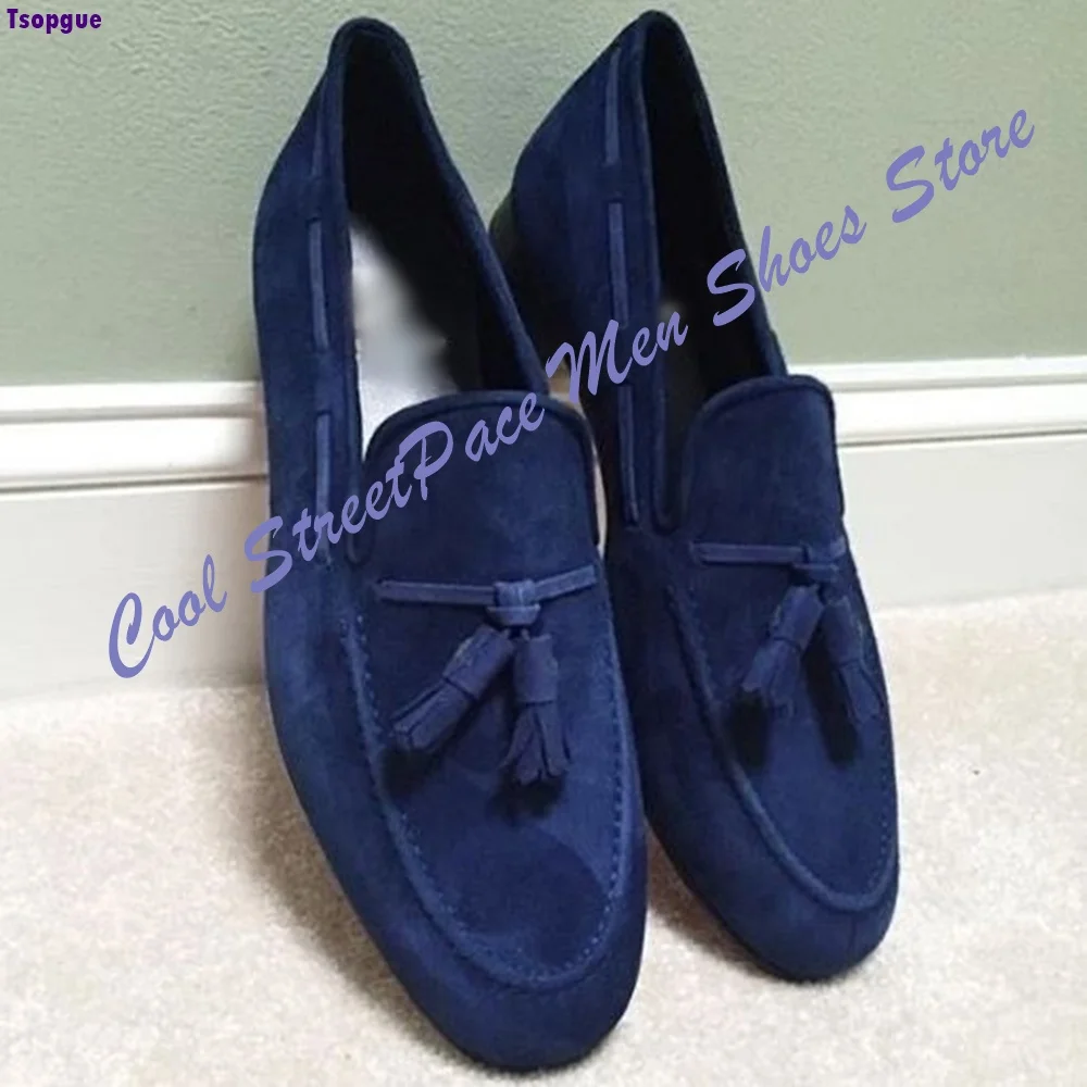 Business Casual Knot Loafers for Men Navy Blue Suede Slip‑On Oval Toe Hand‑Stitched 2026 Zapatillas Mujer Low Heel Formal Shoes