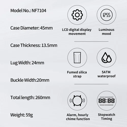 Imagen 2 del producto NAVIFORCE NF7104 Reloj despertador digital LCD para hombre con fecha y semana, resistente al agua, correa de silicona, reloj electrónico premium