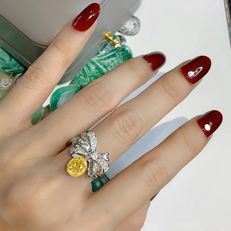 925 sterling silver resplendent high-class color treasure topaz bow opening ring women elegant design temperament jewelry gift