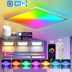 24W Square Smart WiFi LED Panel Ceiling Light Dimmable RGB Ceiling Lamp with Remote Control for Living Room Bedroom Decor Light