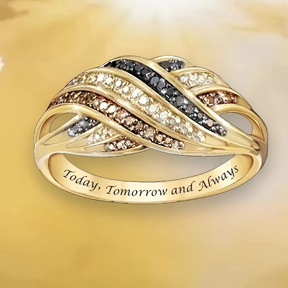 1 Pc Exquisite and Elegant Three-color Staggered Ring - Antique Golden Plated with Rhinestones, The Perfect Gift for Birthdays, Valentine's Day and Christmas, Women's Daily Leisure Jewelry Essential Jewelry for Girls