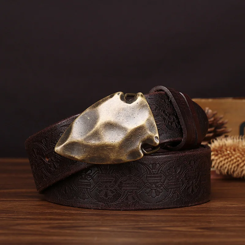 Vintage trendy stylish eye-catching men's genuine leather belt with smooth brass plate buckle, first-layer cowhide waist belt fo
