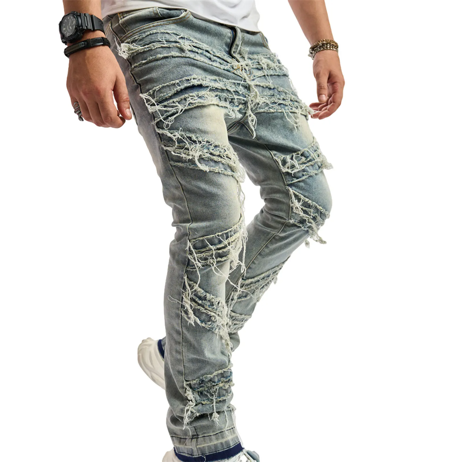 Men's Ripped Distressed Destroyed Denim Pants Mid Waist Straight Fit Washed Denim Jeans