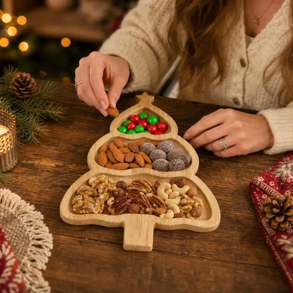Wooden Christmas Tree Snack Tray for Appetizers Desserts Snacks Divided Compartment Solid Wood Platter Xmas Party Table Decor