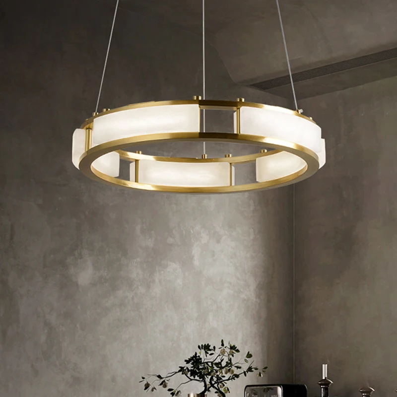 Nordic Postmodern Villa Living Room Brass Spanish Marble Pendant Light Minimalist Designer Hotel Lobby Circle Chandelier