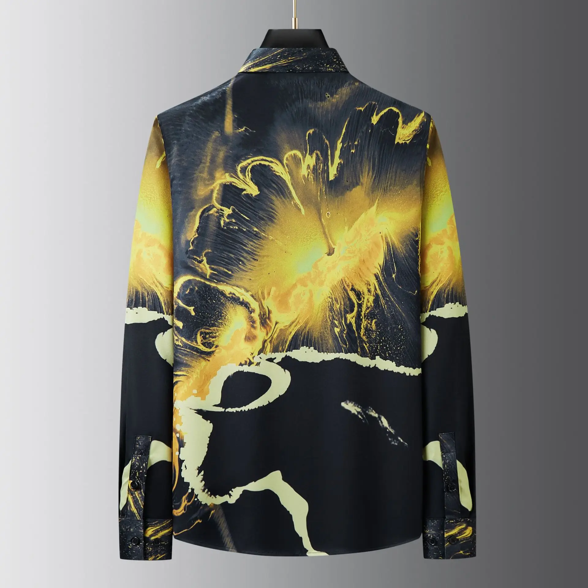 Brand 2024 Spring Art Flame Printed Shirt for Men Long Sleeve Casual Social Shirts Slim Fit Business Banquet Party Streetwear