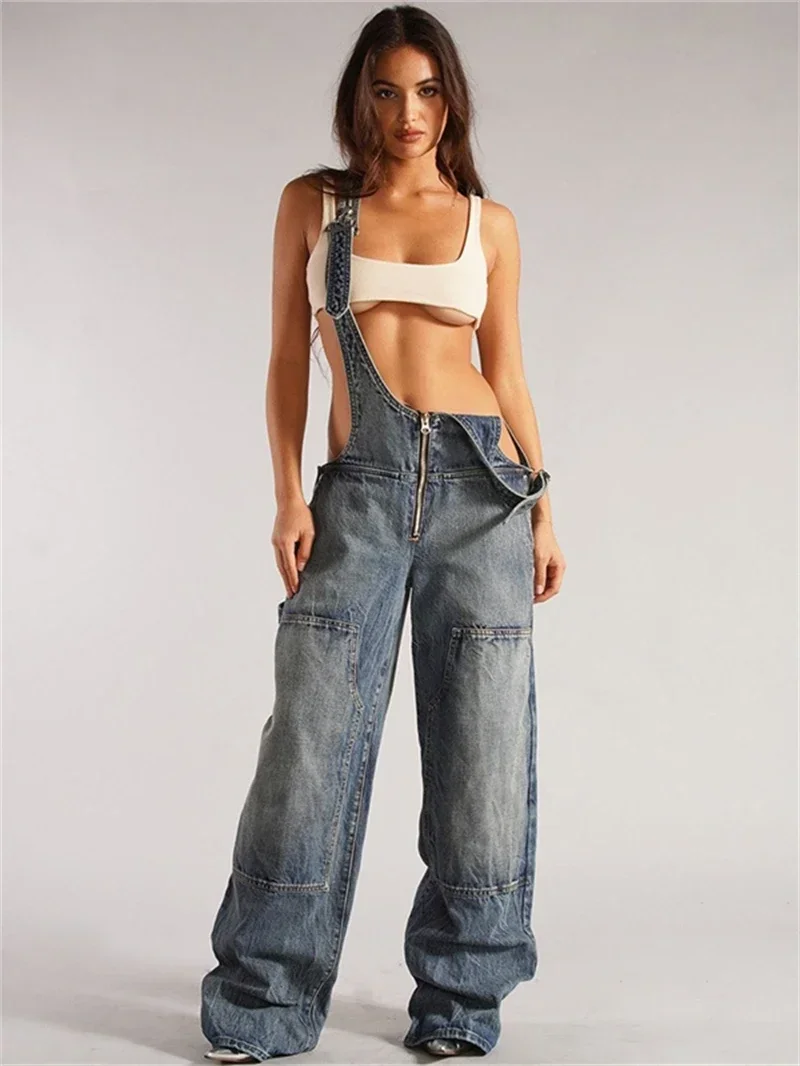 

Уличная одежда, джинсовые комбинезоны, прямые джинсы, осенняя одежда, женские мешковатые брюки без рукавов на молнии, ковбойские джинсовые брюки, джинсовые брюки