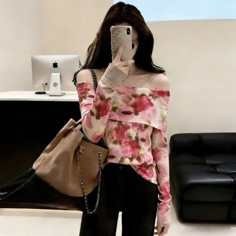 

Модная розовая футболка с цветочным принтом, длинными рукавами, облегающая, с открытыми плечами, повседневный топ для женщин, праздничная одежда