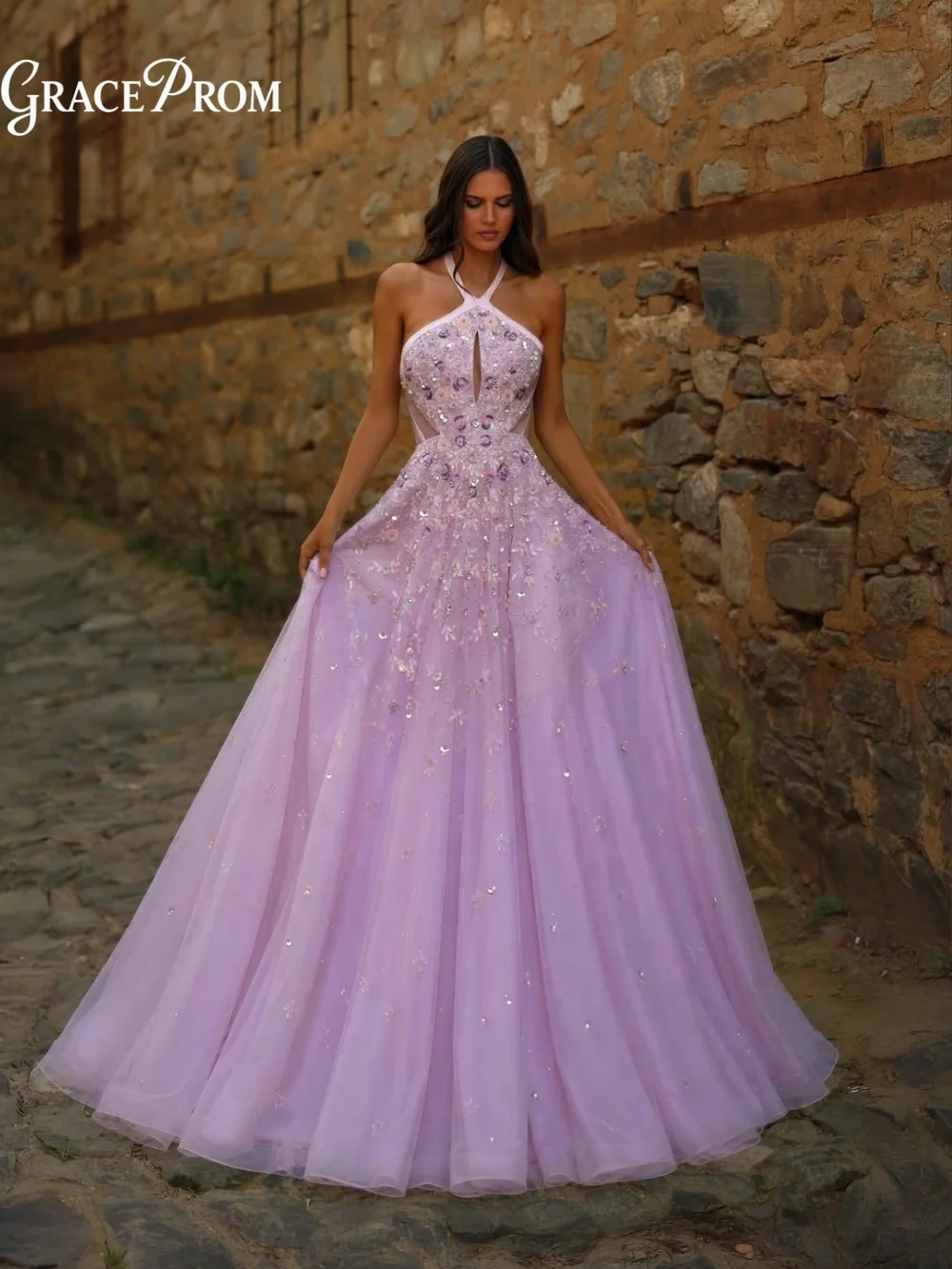 Dreamy Halter Keyhole Beaded Floral Tulle A Line Evening Gown 2027 Romantic Formal Prom Party Dress Wedding Guests فساتين سهرة
