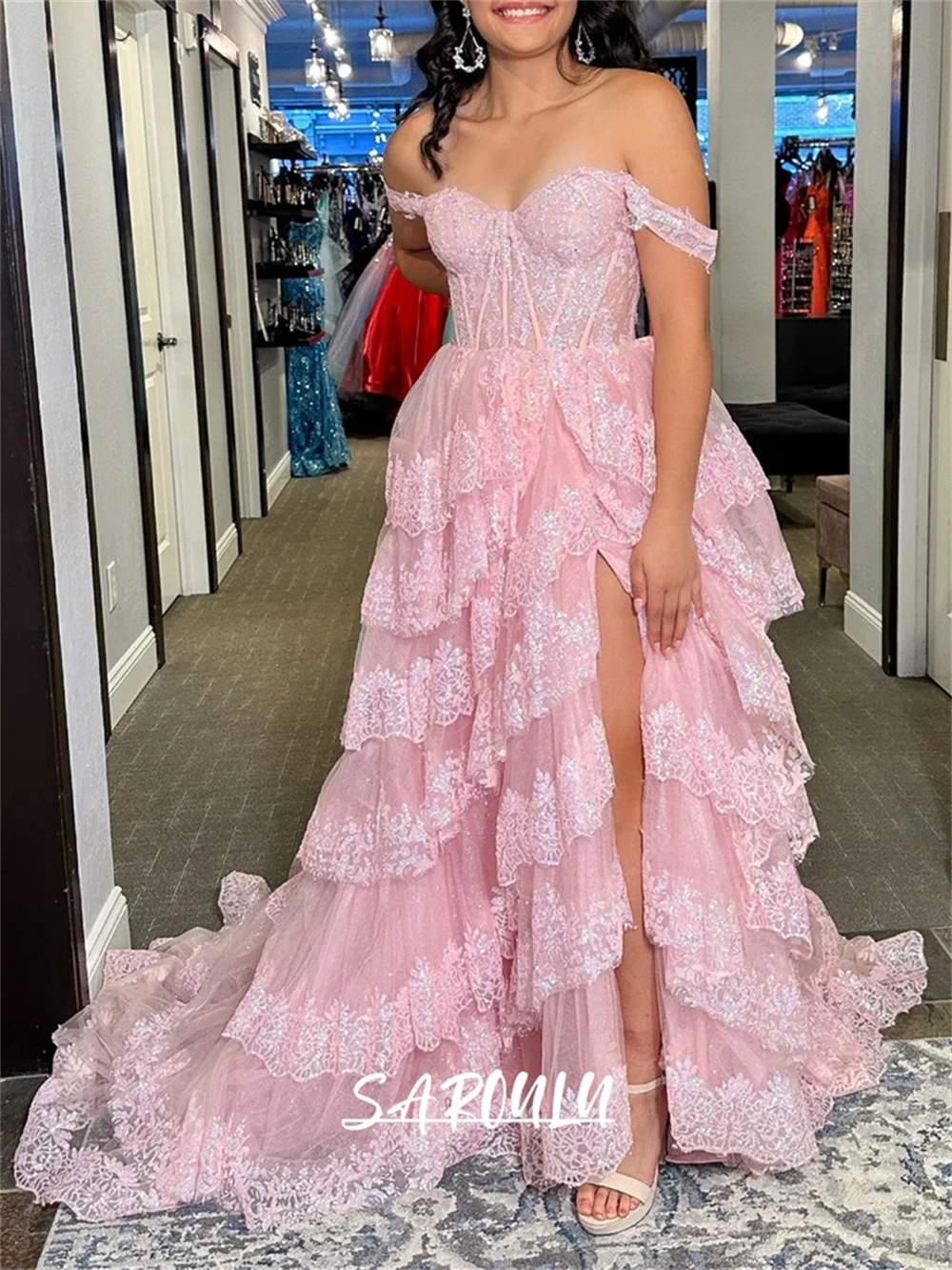 Sweet Tiered Prom Dress for Women A Line Lace Evening Dresses Off The Shoulder Sweet 15 Dresses Quinceanera Cocktail Dresses