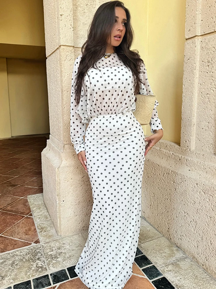 

Trendix Dot Print See Through Dress For Women Fashion Long Sleeve Hollow Out Dresses Club Sexy Party Elegant Backless Maxi Dress
