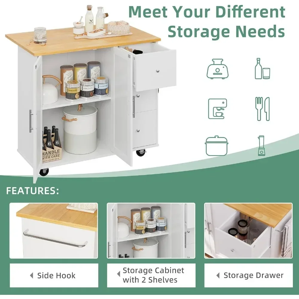 for Kitchen Cart with Folding Drop Leaf Breakfast Bar, Portable Trolley Island with Large Storage Cabinet, Kitchen Cart