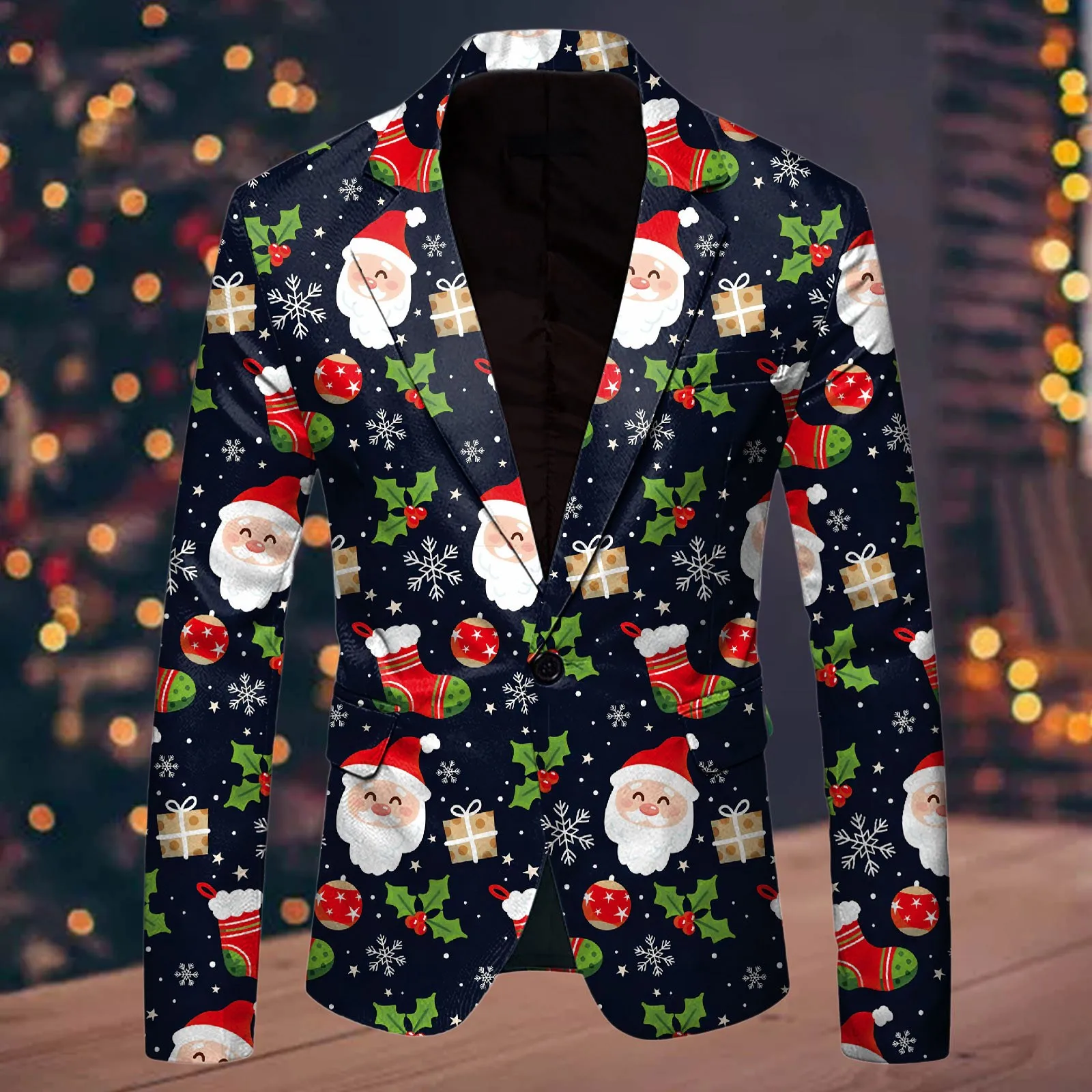 Men\'s Christmas Suit Santa Printed Lapel Warm Winter Fashion Button Coat Blazer Long Sleeve Casual Loose Jacket Male Cardigan