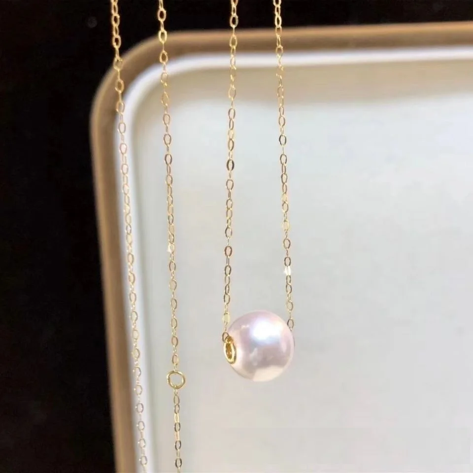 قلادة من لؤلؤ البحر الطبيعي عيار 18 قيراط سلسلة ذهبية صفراء نقية بيضاء وردية أرجوانية مستديرة من اللؤلؤ للنساء مجوهرات راقية