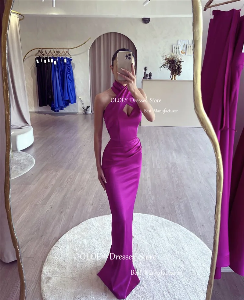 OLOEY Fuschia Purple Satin Mermaid Evening Dresses Halter Sleeveless Pleats Floor Length Prom Gowns Elegant Wedding Party Dress