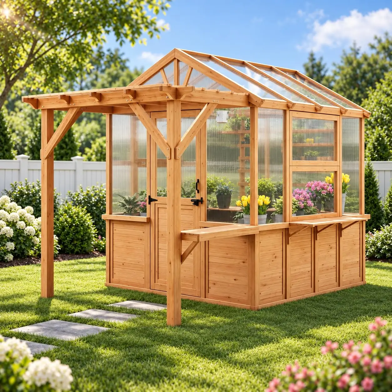 7x11 FT Spruce Wood Greenhouse with Pergola, Walk-in Outdoor Greenhouse Kit with Polycarbonate Panels, Top-Hung, Customized