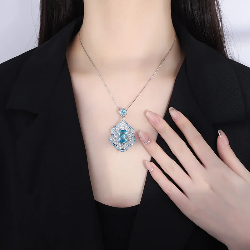 European and American Topaz Aquamarine Zircon Necklace Fashion Color-blocking Artificial Gemstone Red Aquamarine Pendant