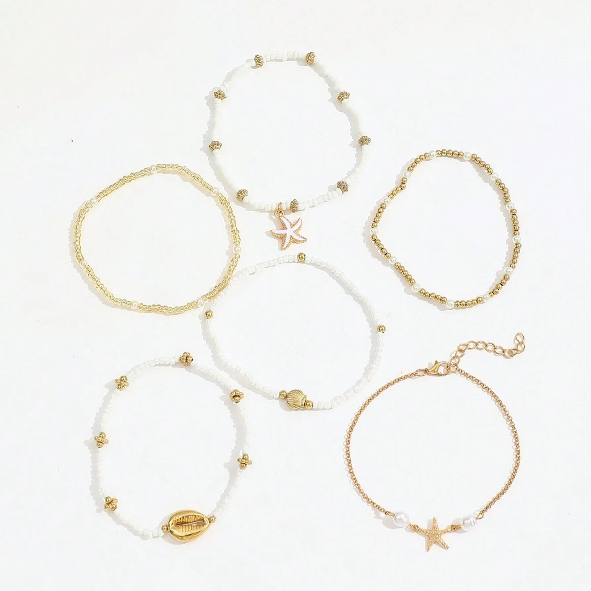 6pcs/set Fashion Stackable Starfish Shell Pendant Beads Anklets Set