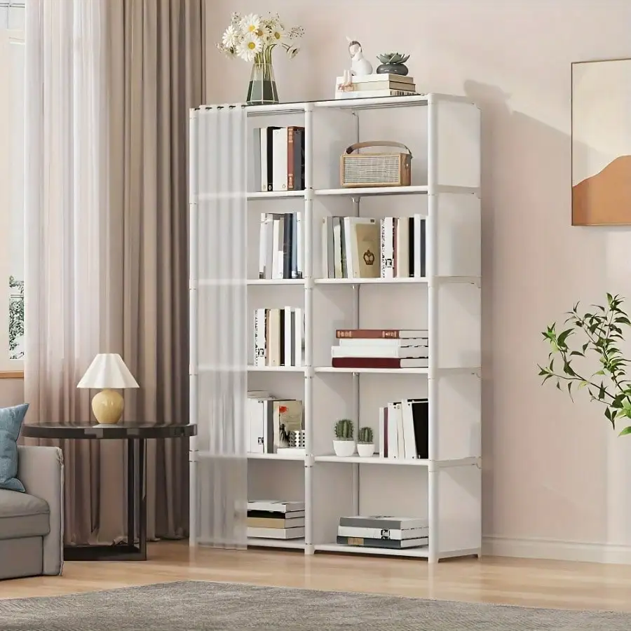 Multi Tier Bookshelf Storage Rack Black Bookcase Display Shelf Unit With Dustproof Sheer Curtain Modular Storage Cabinet Organizer Stand For Office Home Living Room Bedroom Dormitory Gift