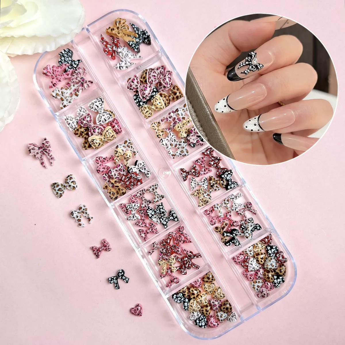 1 scatola di novità creativa stampa leopardo fiocco resina pendenti per unghie 3D di vendita calda dolce maculato cravatta cuore decorazioni per unghie unghie fai da te