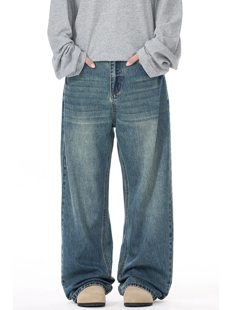 

Осень 202, мужские прямые джинсы, модные винтажные повседневные свободные брюки, персонализированные потертые корейские мужские джинсовые брюки с кошачьим шепот