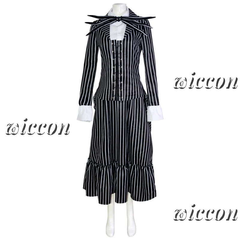 Jack Cosplay Kostuum Film Skellington Cosplay Voor Vrouwen Mannen Gestreepte Top Broek Outfit Halloween Party Uniform