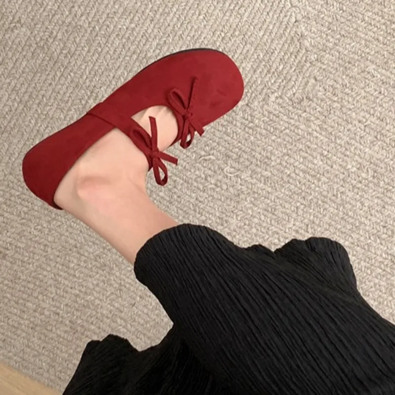 Shoes for Woman Shallow Mouthed Ballet Flats Solid Color Slip on Bow Mary Jane Women\'s Shoes Soft Sole Casual Red Single Loafers